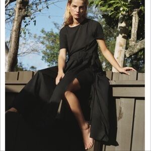 NWT ZARA Black Ruched Waist Side Slits Combination Maxi Dress